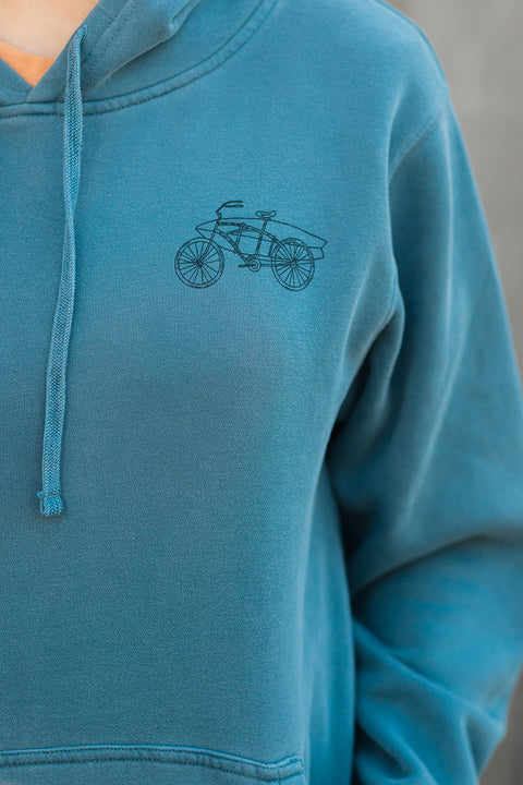 Moment Beach Bike Pullover Hoodie - Pigment Slate Blue - Chest Closeup