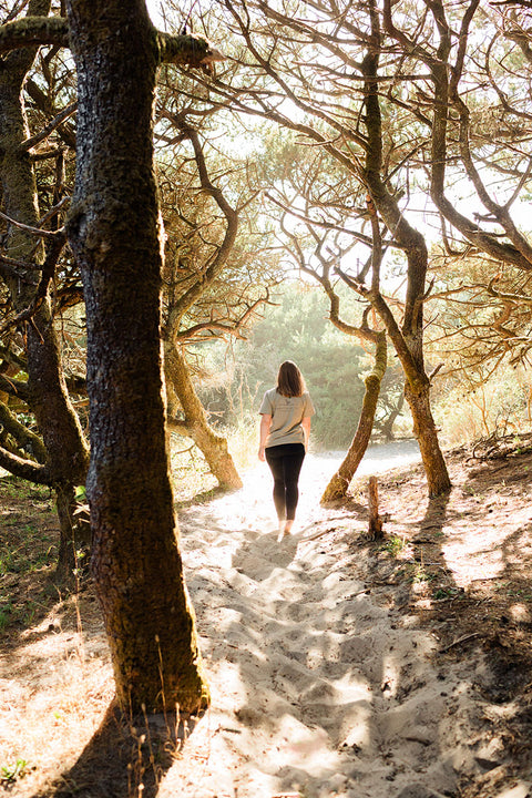A person wearing the Moment Women's Lt Dan T-Shirt - Eucalyptus walking along a sunlit path through trees