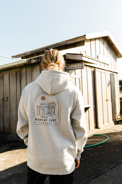 Moment Surf Shack Pullover Hoodie - Cement - Back Pulled Back