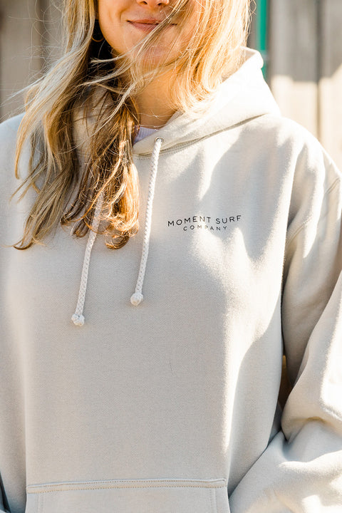 Moment Surf Shack Pullover Hoodie - Cement - Chest Closeup