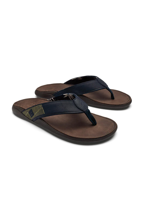 Olukai Tuahine Leather Sandals - Trench Blue / Dark Wood - Both Sandals