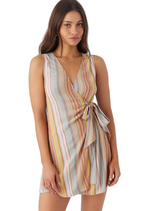 O'Neill Maizie Stripe Wrap Dress- Multi Clr- Front close up