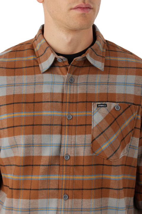 O'Neill Redmond Plaid Stretch Flannel - Medium Brown - Closeup Pocket