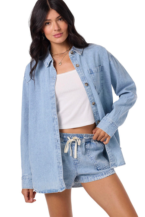 O'Neill Sevie Shacket Denim Jacket - Drifter- Close up on front