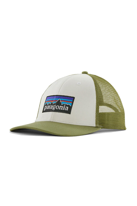 Patagonia P-6 Logo LoPro Trucker Hat - White W/Buckhorn Green
