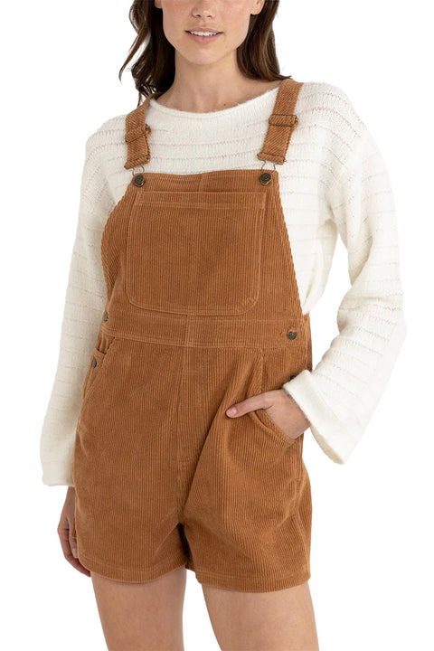 Rhythm Cord Tide Short Overall - Brown- Close up on front