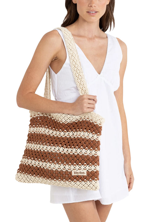 Rhythm Cove Stripe Crochet Tote Bag - Caramel- Front on a shoulder