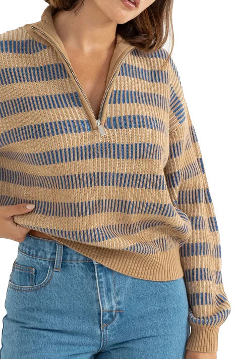 Rhythm Estelle Quarter Zip Striped Knit - Cobalt- Close up on front