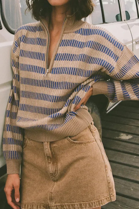 Rhythm Estelle Quarter Zip Striped Knit - Cobalt- front with zipper down