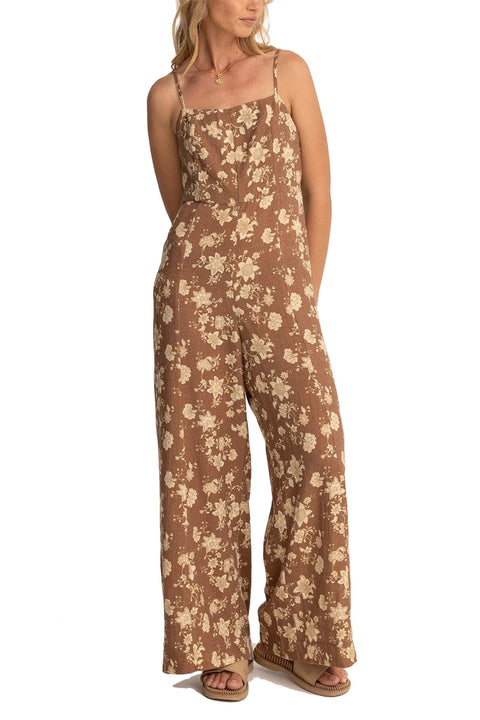 Rhythm Nova Paisley Wide Leg Jumpsuit - Chocolate- Zoomed in front view