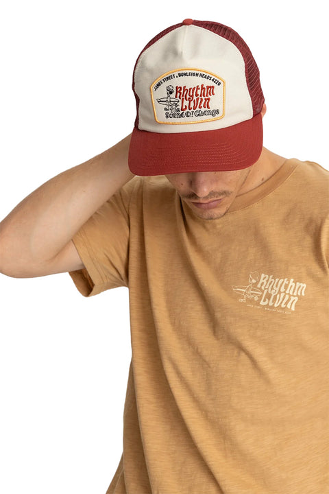 Rhythm Pathway Trucker Cap - Red- Front view on model