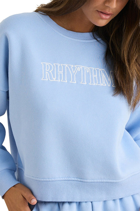 Rhythm Slouchy Crew Neck Fleece - Sky- Close up of logo
