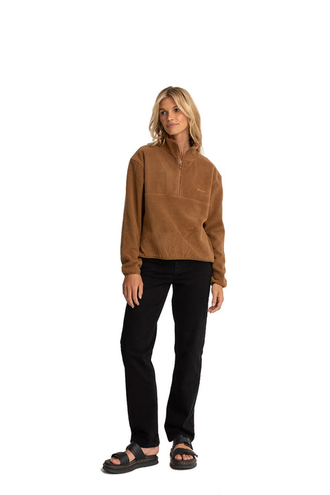 Rhythm Tulua 1/4 Zip Reverse Fleece - Brown- Full view of model