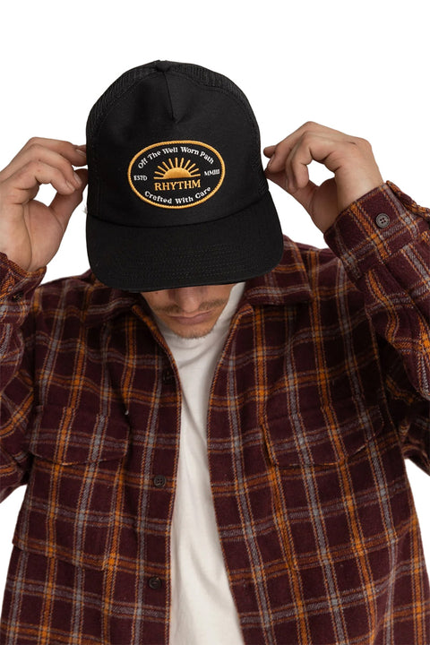 Rhythm Worn Path Trucker Cap - Black- Front view on model