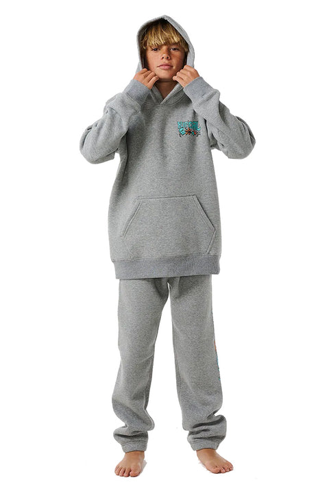 Rip Curl Boy's Shred Hoodie - Grey Marle- Front view with the hood on the model