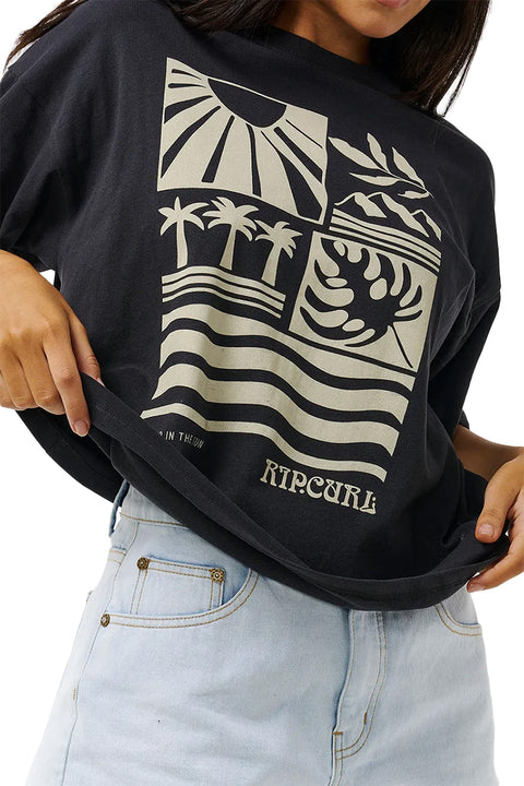 Rip Curl Santorini Sun Heritage Tee - Washed Black- Close up of graphic