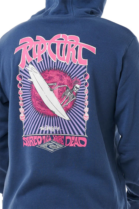 Rip Curl Shred Till Dead Zip Hoodie - Washed Navy- Close up on  back graphic