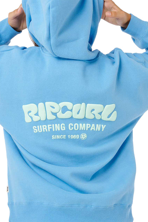Rip Curl Surf Puff Heritage Hoodie - Azure Blue- Close up on back logo