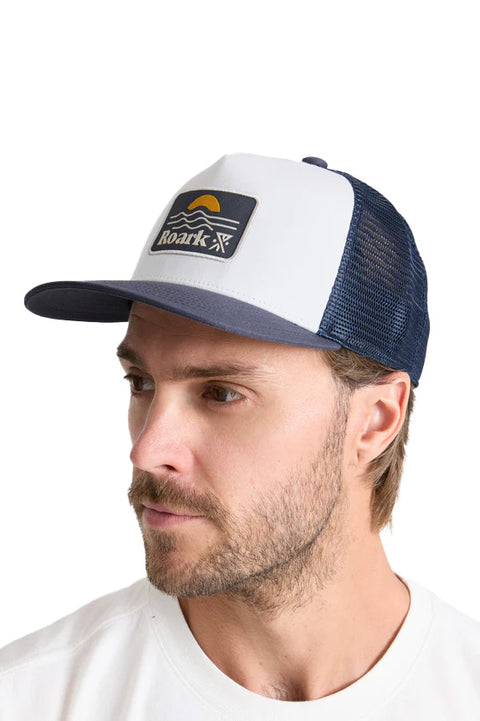 Roark Station Trucker Hat - White / Navy - On Model