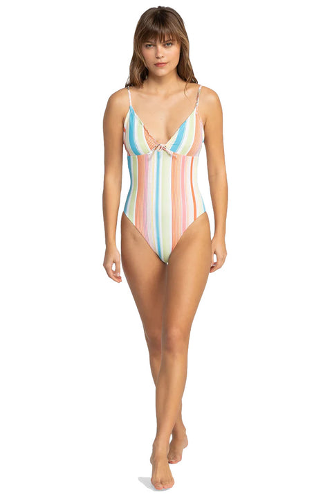 Roxy Playa Paradise Reversible One Piece Swimsuit - White Viva La Vida- Full view of model in the striped side