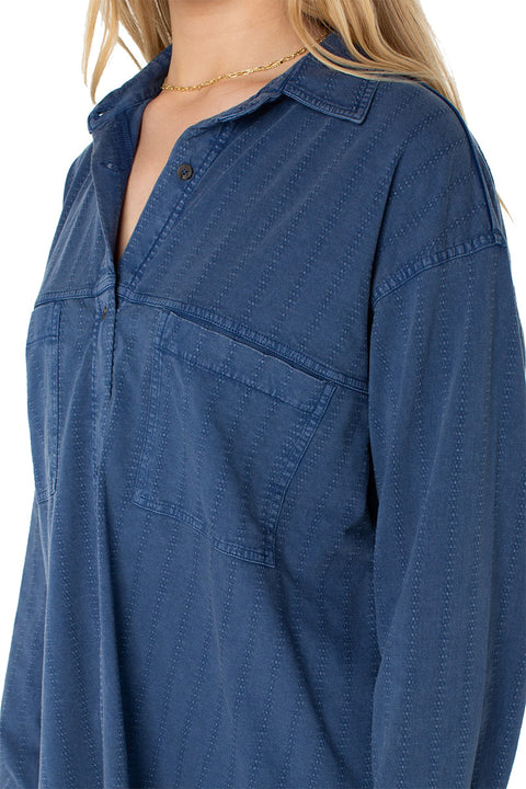 Roxy Sandpiper Button Up - Sargasso Sea Solid- Close up on buttons