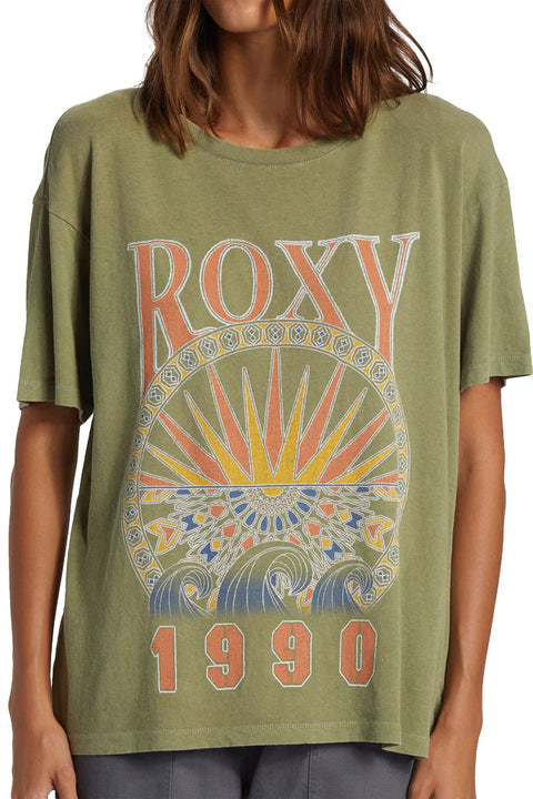 Roxy Surfs Up Short Sleeve T-Shirt - Oil Green- Close up on graphic