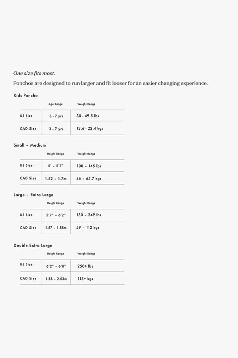 Slowtide Oso Changing Poncho- Size chart