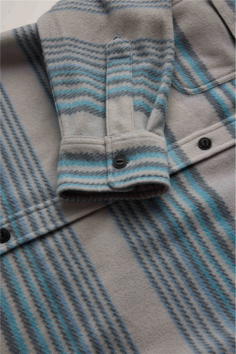 Vissla Eco-zy LS Polar Flannel - Storm Grey- Close up on sleeve cuff and buttons down the front