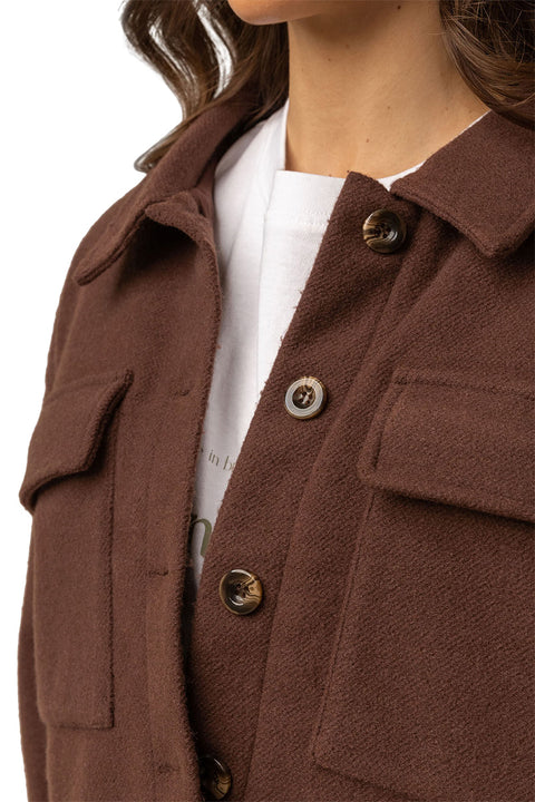 Rhythm Dylan Cropped Shacket - Chocolate - Chest Closeup