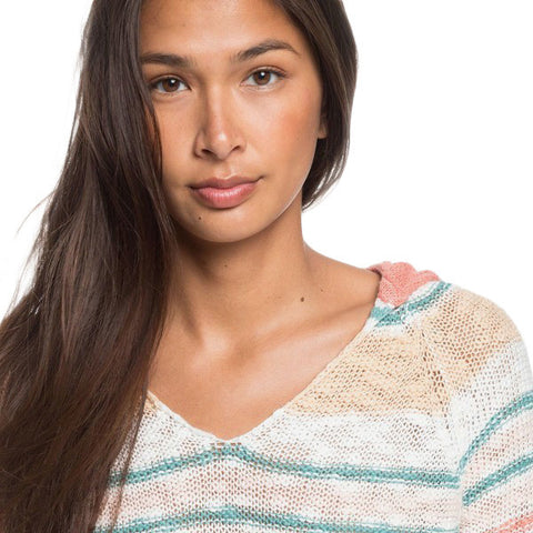 Roxy Airport Vibes Hooded Poncho Sweater - Snow White True Stripe