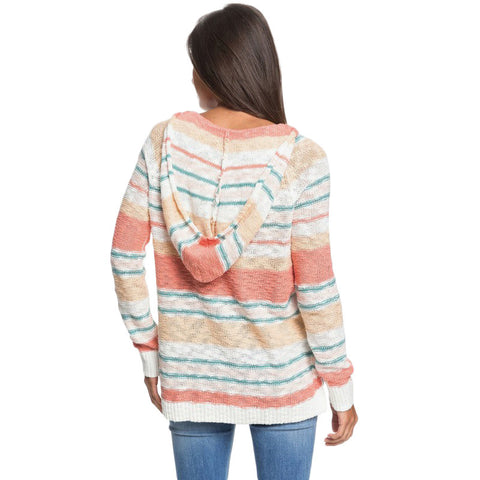Roxy Airport Vibes Hooded Poncho Sweater - Snow White True Stripe